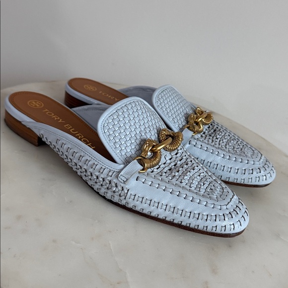 Tory Burch $348 Jessa Woven Backless
Loafer Icy Blue Crisp sz 10 great condition - Picture 5 of 9